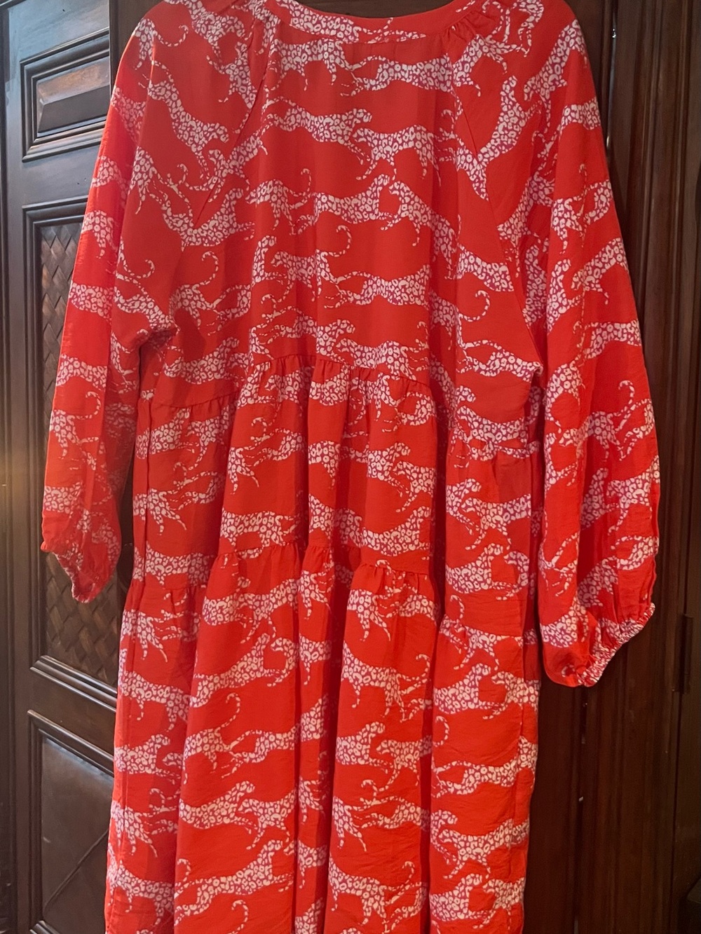 Vibrant Red Printed Tiered Dress with Playful White Pattern - Picture 4 of 4